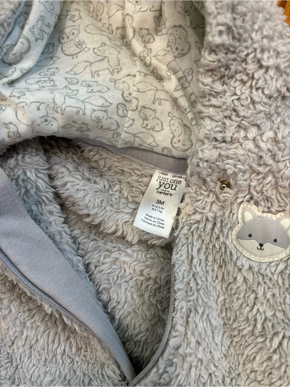 Cozy Gray Plush Hooded Baby bunting snowsuit 3 months One-Piece bear ears hood